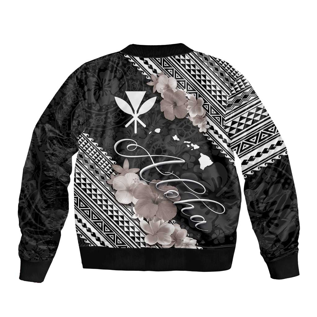Aloha Hawaii Hibiscus and Plumeria Flowers Bomber Jacket Kanaka Maoli Tattoo Polynesian Pattern Gray Color