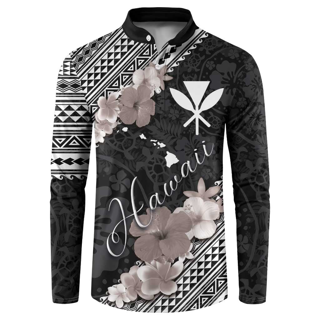Aloha Hawaii Hibiscus and Plumeria Flowers Button Sweatshirt Kanaka Maoli Tattoo Polynesian Pattern Gray Color