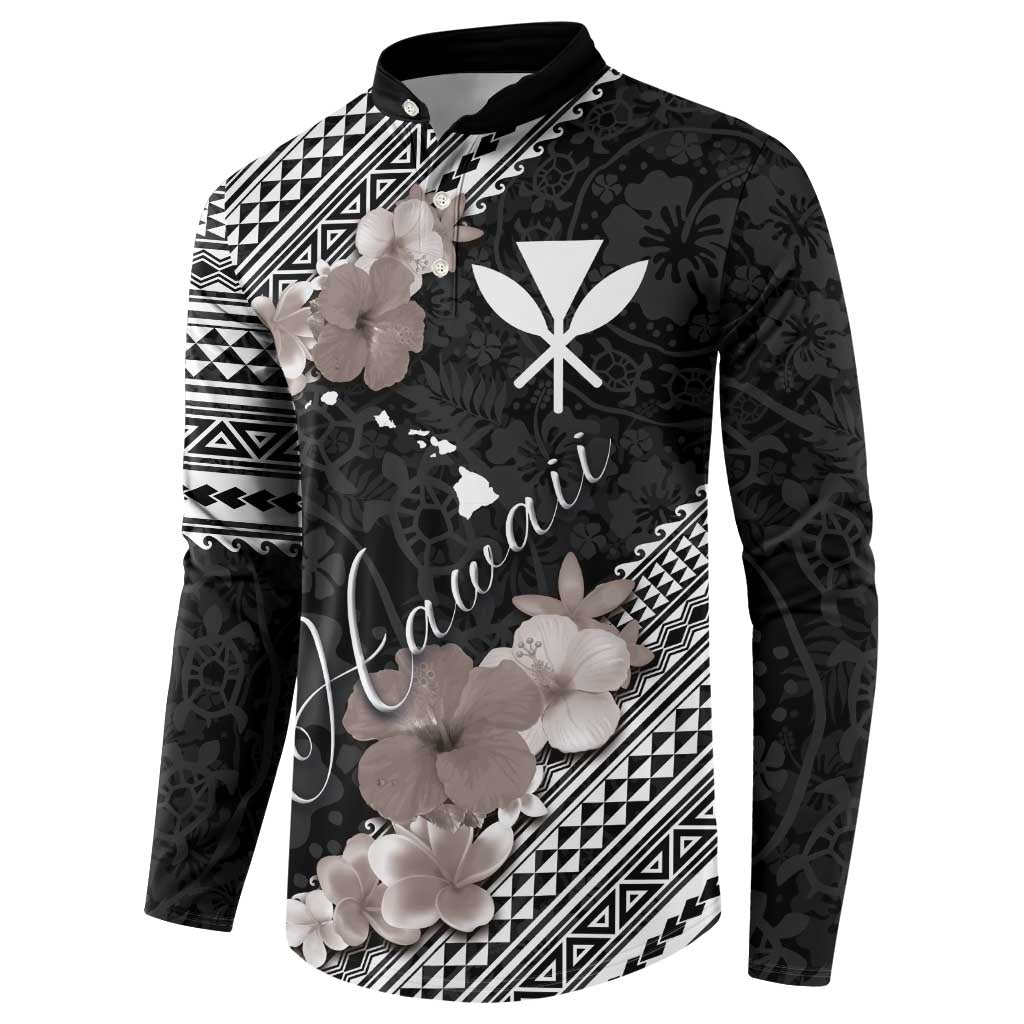 Aloha Hawaii Hibiscus and Plumeria Flowers Button Sweatshirt Kanaka Maoli Tattoo Polynesian Pattern Gray Color