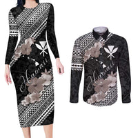 Aloha Hawaii Hibiscus and Plumeria Flowers Couples Matching Long Sleeve Bodycon Dress and Long Sleeve Button Shirt Kanaka Maoli Tattoo Polynesian Pattern Gray Color