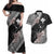 Aloha Hawaii Hibiscus and Plumeria Flowers Couples Matching Off Shoulder Maxi Dress and Hawaiian Shirt Kanaka Maoli Tattoo Polynesian Pattern Gray Color