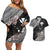 Aloha Hawaii Hibiscus and Plumeria Flowers Couples Matching Off Shoulder Short Dress and Hawaiian Shirt Kanaka Maoli Tattoo Polynesian Pattern Gray Color