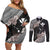 Aloha Hawaii Hibiscus and Plumeria Flowers Couples Matching Off Shoulder Short Dress and Long Sleeve Button Shirt Kanaka Maoli Tattoo Polynesian Pattern Gray Color