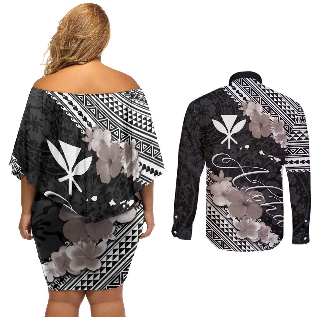 Aloha Hawaii Hibiscus and Plumeria Flowers Couples Matching Off Shoulder Short Dress and Long Sleeve Button Shirt Kanaka Maoli Tattoo Polynesian Pattern Gray Color