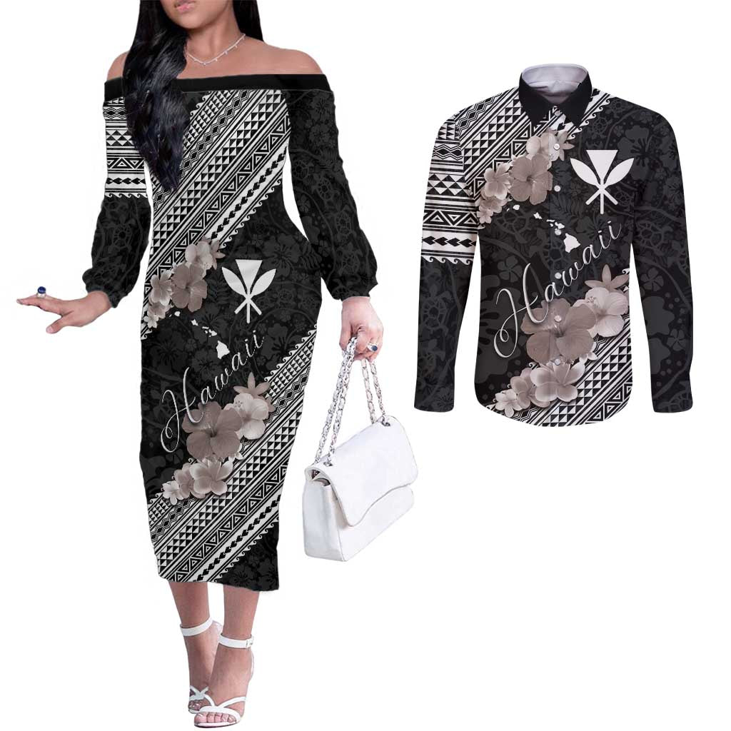 Aloha Hawaii Hibiscus and Plumeria Flowers Couples Matching Off The Shoulder Long Sleeve Dress and Long Sleeve Button Shirt Kanaka Maoli Tattoo Polynesian Pattern Gray Color