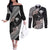 Aloha Hawaii Hibiscus and Plumeria Flowers Couples Matching Off The Shoulder Long Sleeve Dress and Long Sleeve Button Shirt Kanaka Maoli Tattoo Polynesian Pattern Gray Color