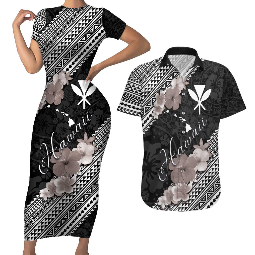 Aloha Hawaii Hibiscus and Plumeria Flowers Couples Matching Short Sleeve Bodycon Dress and Hawaiian Shirt Kanaka Maoli Tattoo Polynesian Pattern Gray Color