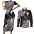 Aloha Hawaii Hibiscus and Plumeria Flowers Couples Matching Short Sleeve Bodycon Dress and Long Sleeve Button Shirt Kanaka Maoli Tattoo Polynesian Pattern Gray Color