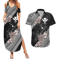 Aloha Hawaii Hibiscus and Plumeria Flowers Couples Matching Summer Maxi Dress and Hawaiian Shirt Kanaka Maoli Tattoo Polynesian Pattern Gray Color