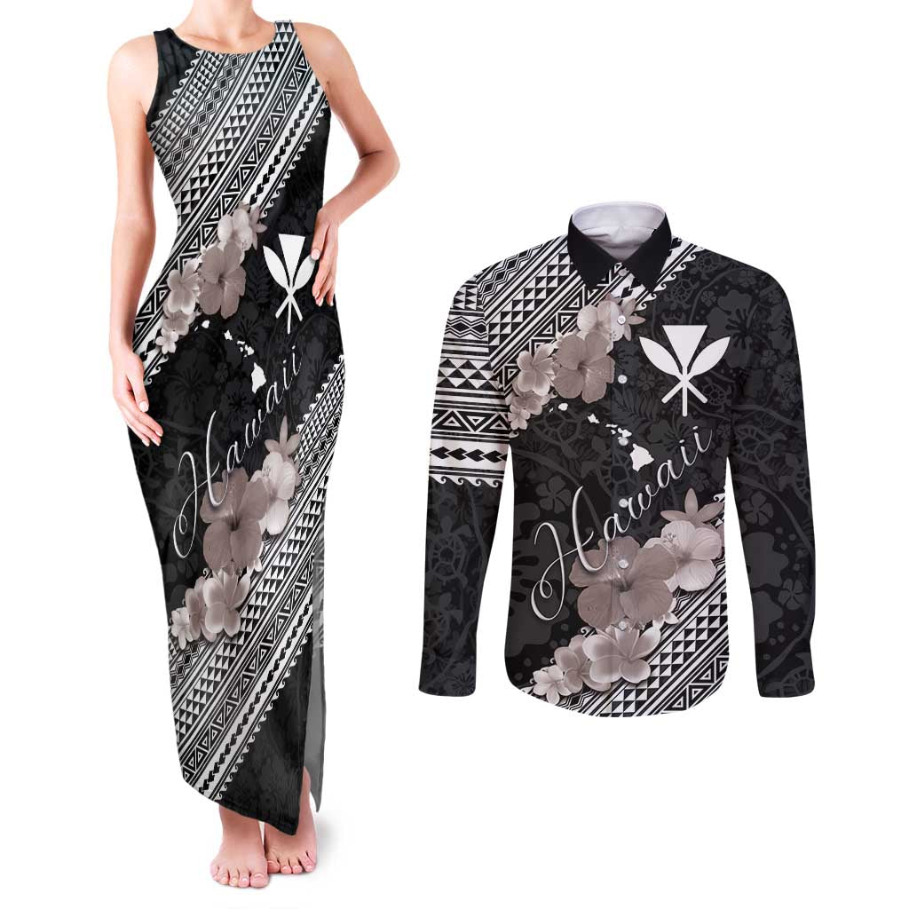 Aloha Hawaii Hibiscus and Plumeria Flowers Couples Matching Tank Maxi Dress and Long Sleeve Button Shirt Kanaka Maoli Tattoo Polynesian Pattern Gray Color