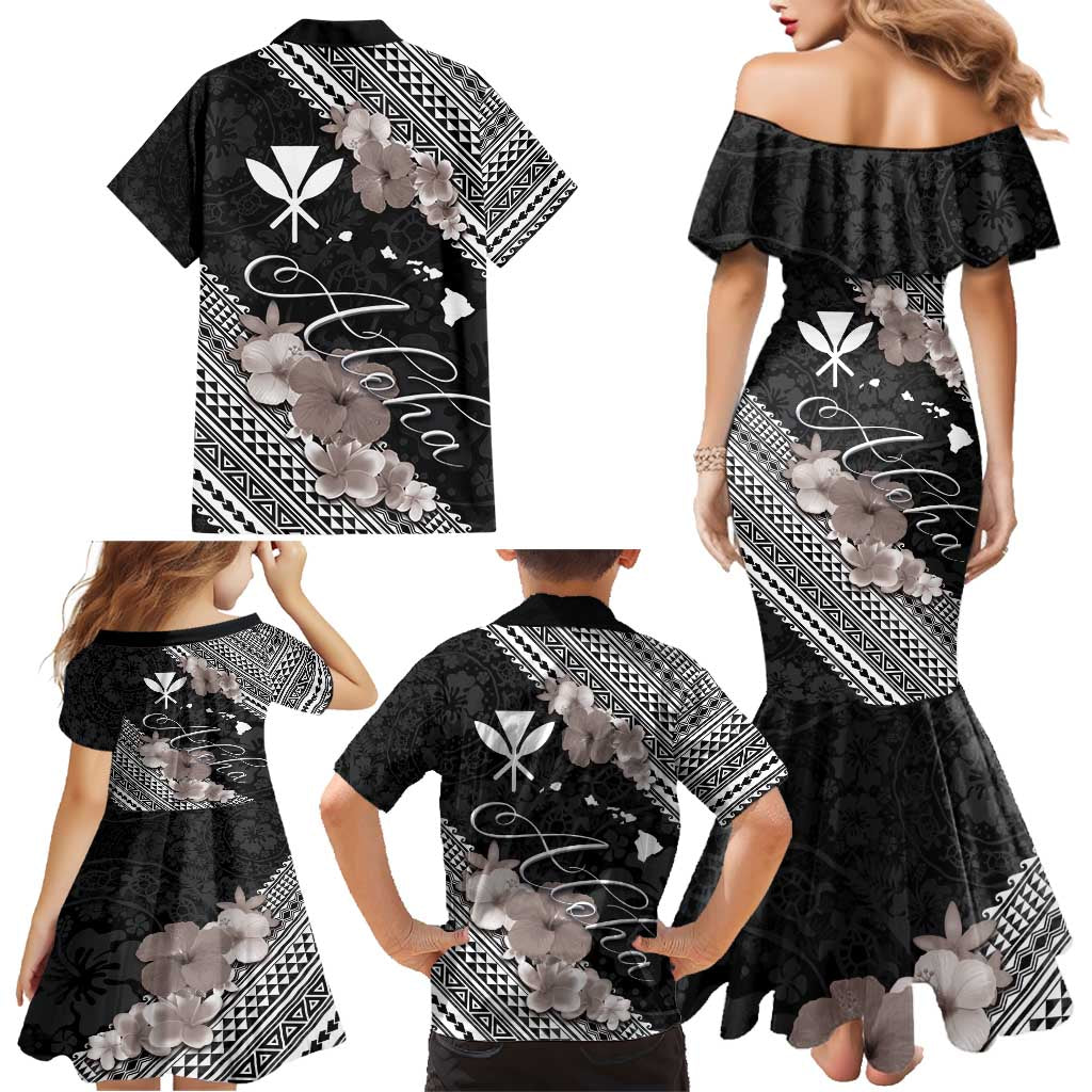 Aloha Hawaii Hibiscus and Plumeria Flowers Family Matching Mermaid Dress and Hawaiian Shirt Kanaka Maoli Tattoo Polynesian Pattern Gray Color