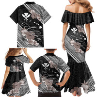 Aloha Hawaii Hibiscus and Plumeria Flowers Family Matching Mermaid Dress and Hawaiian Shirt Kanaka Maoli Tattoo Polynesian Pattern Gray Color