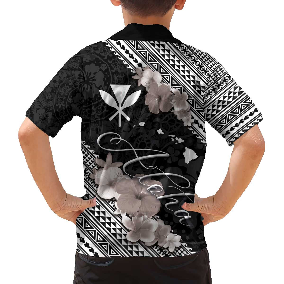 Aloha Hawaii Hibiscus and Plumeria Flowers Family Matching Off The Shoulder Long Sleeve Dress and Hawaiian Shirt Kanaka Maoli Tattoo Polynesian Pattern Gray Color