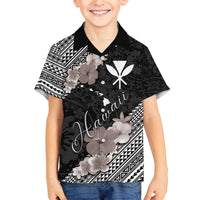 Aloha Hawaii Hibiscus and Plumeria Flowers Family Matching Off The Shoulder Long Sleeve Dress and Hawaiian Shirt Kanaka Maoli Tattoo Polynesian Pattern Gray Color