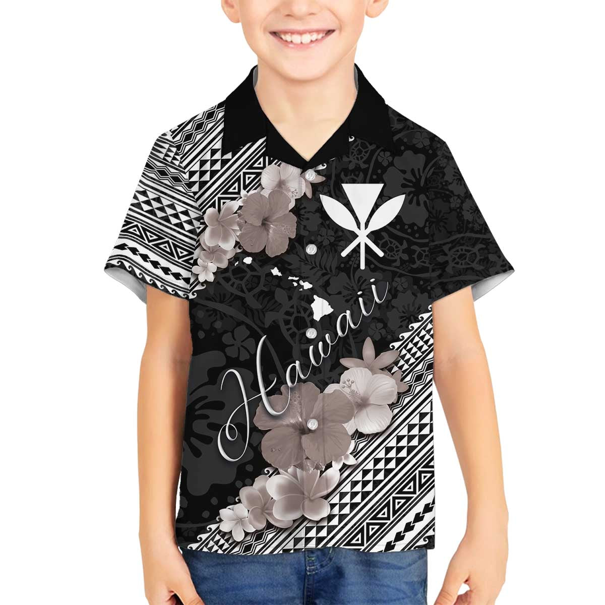 Aloha Hawaii Hibiscus and Plumeria Flowers Family Matching Puletasi and Hawaiian Shirt Kanaka Maoli Tattoo Polynesian Pattern Gray Color