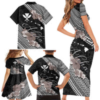 Aloha Hawaii Hibiscus and Plumeria Flowers Family Matching Short Sleeve Bodycon Dress and Hawaiian Shirt Kanaka Maoli Tattoo Polynesian Pattern Gray Color