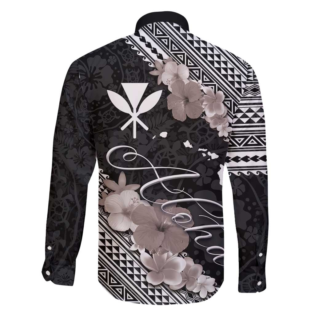 Aloha Hawaii Hibiscus and Plumeria Flowers Family Matching Short Sleeve Bodycon Dress and Hawaiian Shirt Kanaka Maoli Tattoo Polynesian Pattern Gray Color