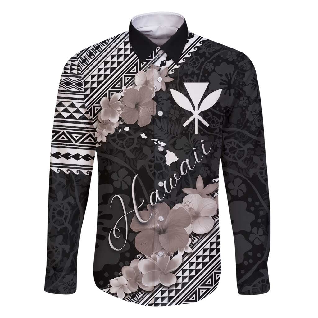 Aloha Hawaii Hibiscus and Plumeria Flowers Family Matching Tank Maxi Dress and Hawaiian Shirt Kanaka Maoli Tattoo Polynesian Pattern Gray Color