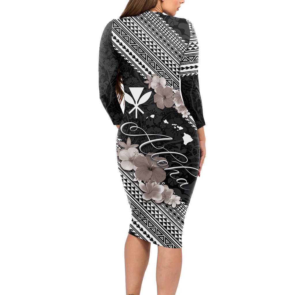 Aloha Hawaii Hibiscus and Plumeria Flowers Long Sleeve Bodycon Dress Kanaka Maoli Tattoo Polynesian Pattern Gray Color