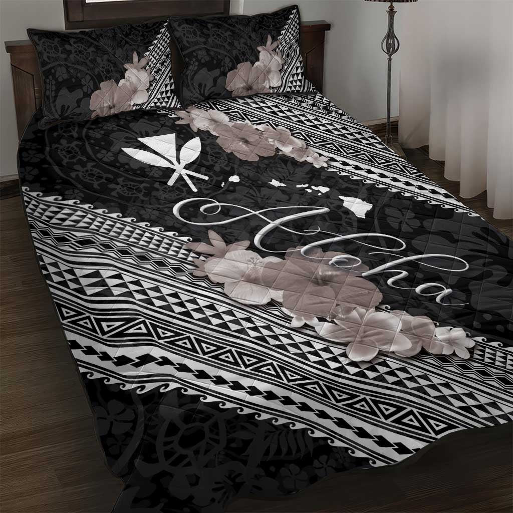 Aloha Hawaii Hibiscus and Plumeria Flowers Quilt Bed Set Kanaka Maoli Tattoo Polynesian Pattern Gray Color