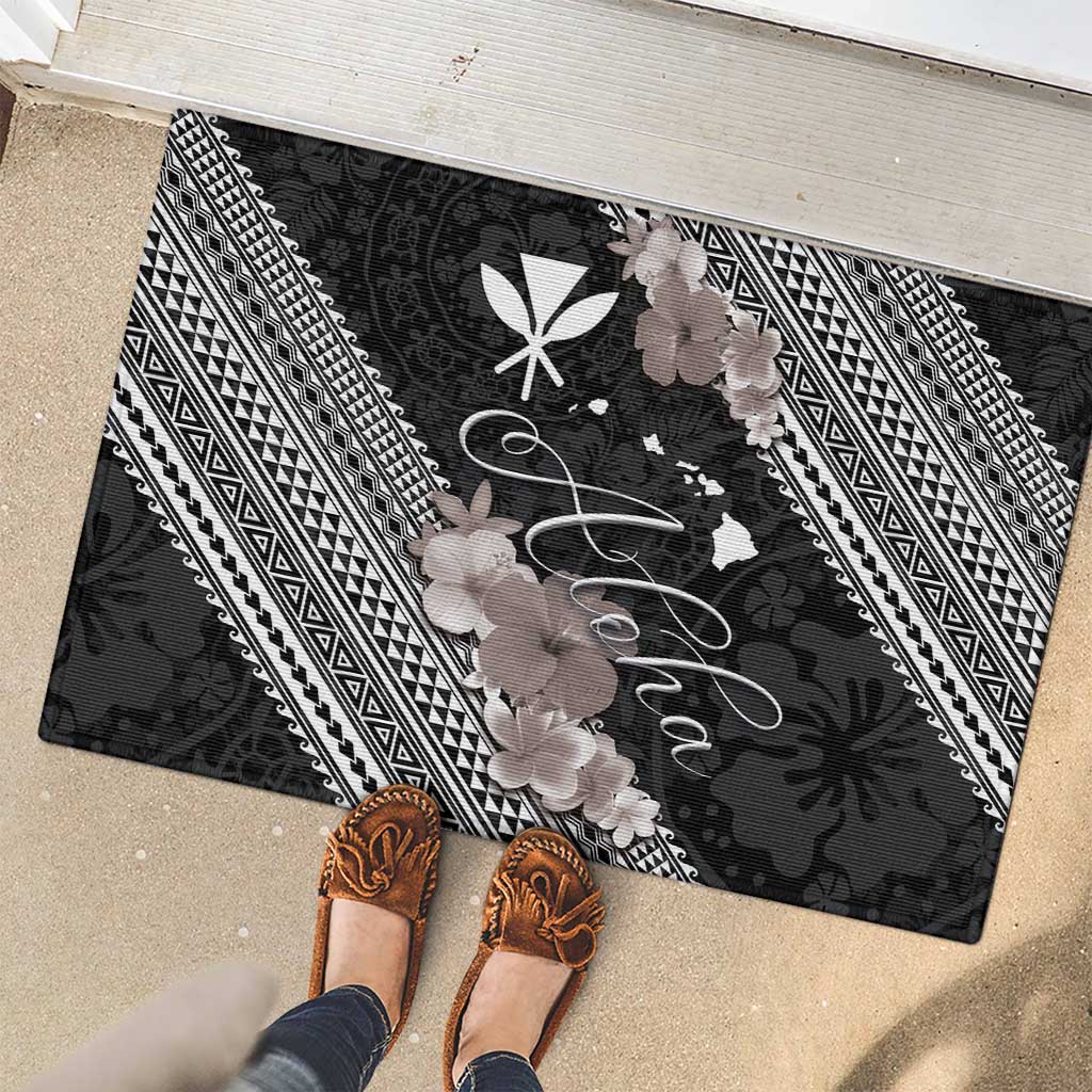 Aloha Hawaii Hibiscus and Plumeria Flowers Rubber Doormat Kanaka Maoli Tattoo Polynesian Pattern Gray Color