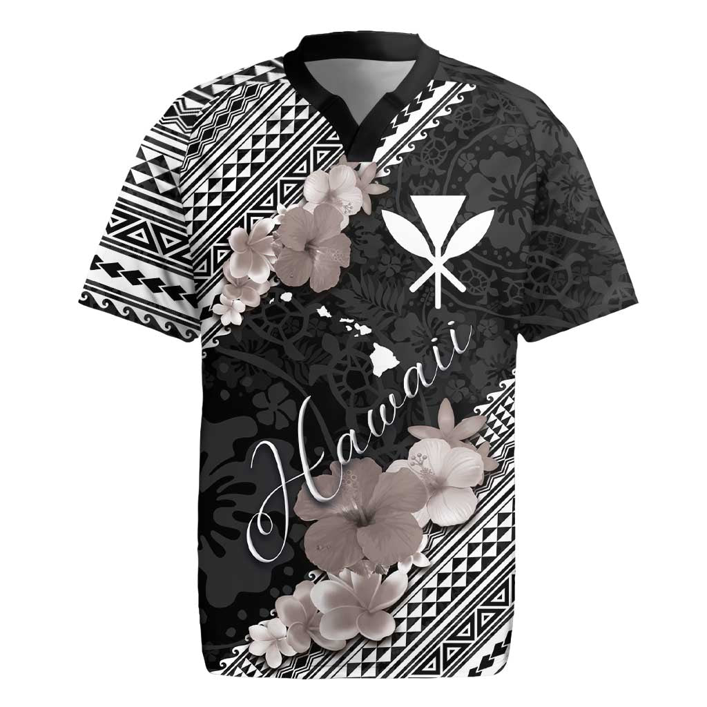 Aloha Hawaii Hibiscus and Plumeria Flowers Rugby Jersey Kanaka Maoli Tattoo Polynesian Pattern Gray Color