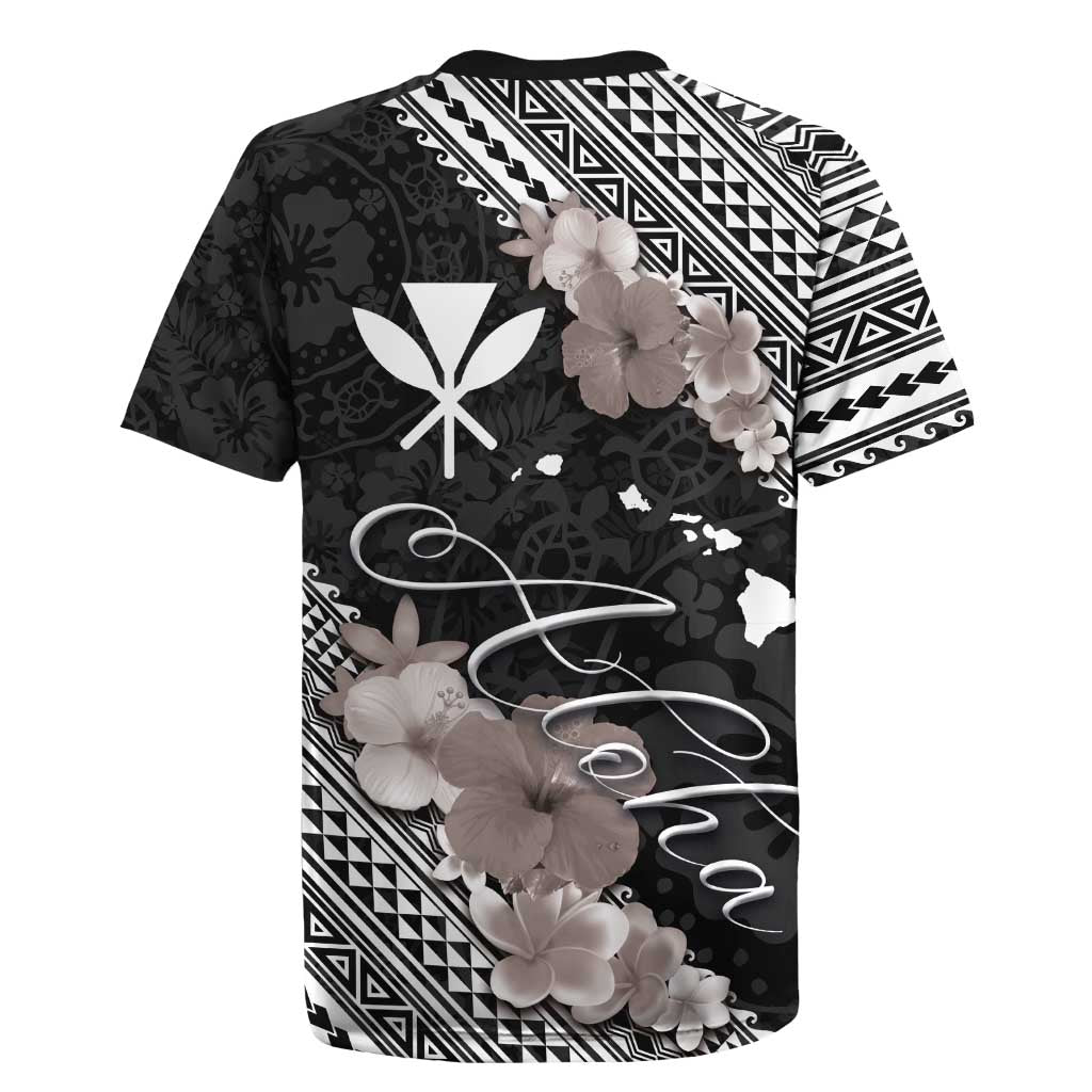 Aloha Hawaii Hibiscus and Plumeria Flowers Rugby Jersey Kanaka Maoli Tattoo Polynesian Pattern Gray Color