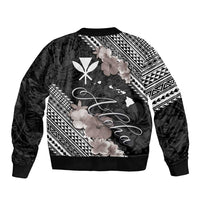 Aloha Hawaii Hibiscus and Plumeria Flowers Sleeve Zip Bomber Jacket Kanaka Maoli Tattoo Polynesian Pattern Gray Color