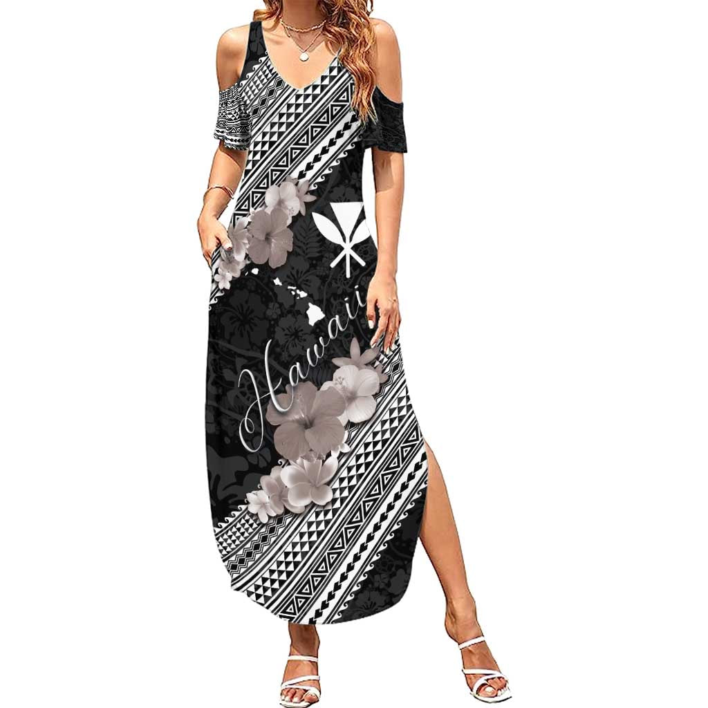 Aloha Hawaii Hibiscus and Plumeria Flowers Summer Maxi Dress Kanaka Maoli Tattoo Polynesian Pattern Gray Color