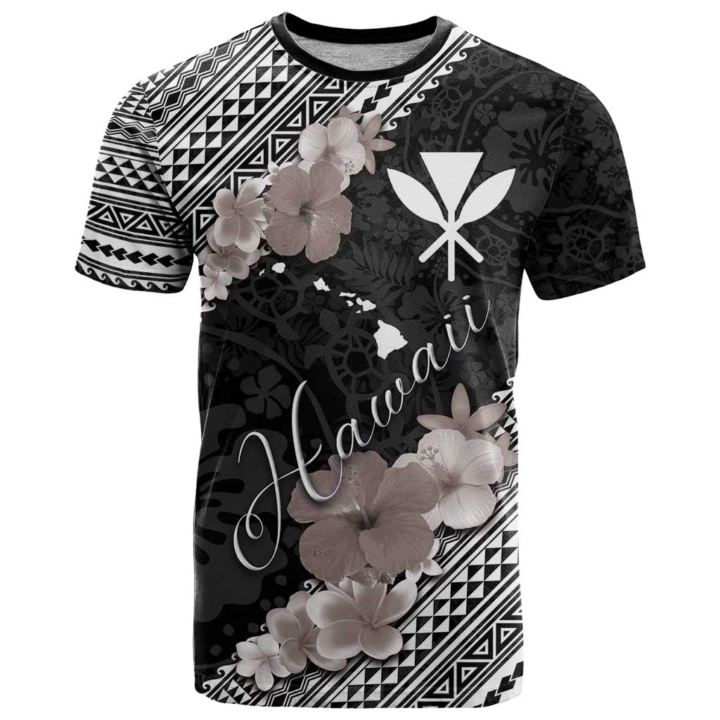 Aloha Hawaii Hibiscus and Plumeria Flowers T Shirt Kanaka Maoli Tattoo Polynesian Pattern Gray Color