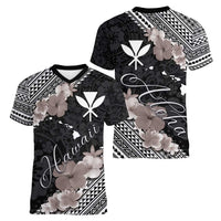 Aloha Hawaii Hibiscus and Plumeria Flowers Women V-Neck T-Shirt Kanaka Maoli Tattoo Polynesian Pattern Gray Color