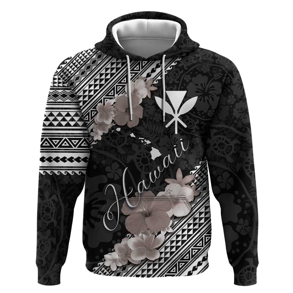 Aloha Hawaii Hibiscus and Plumeria Flowers Zip Hoodie Kanaka Maoli Tattoo Polynesian Pattern Gray Color