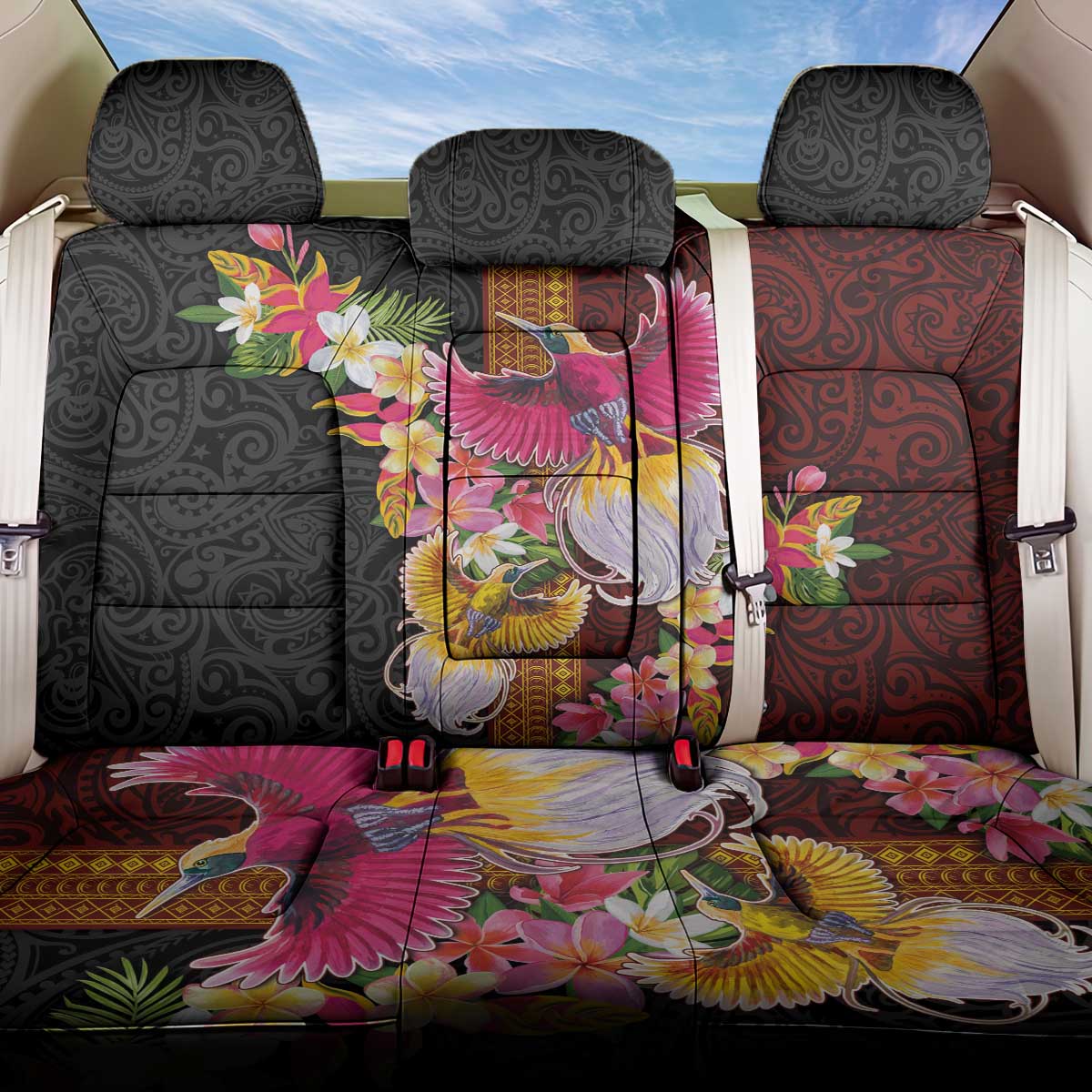 Papua New Guinea Birds and Frangipani Back Car Seat Cover Melanesian Art Tattoos - Polynesian Pride