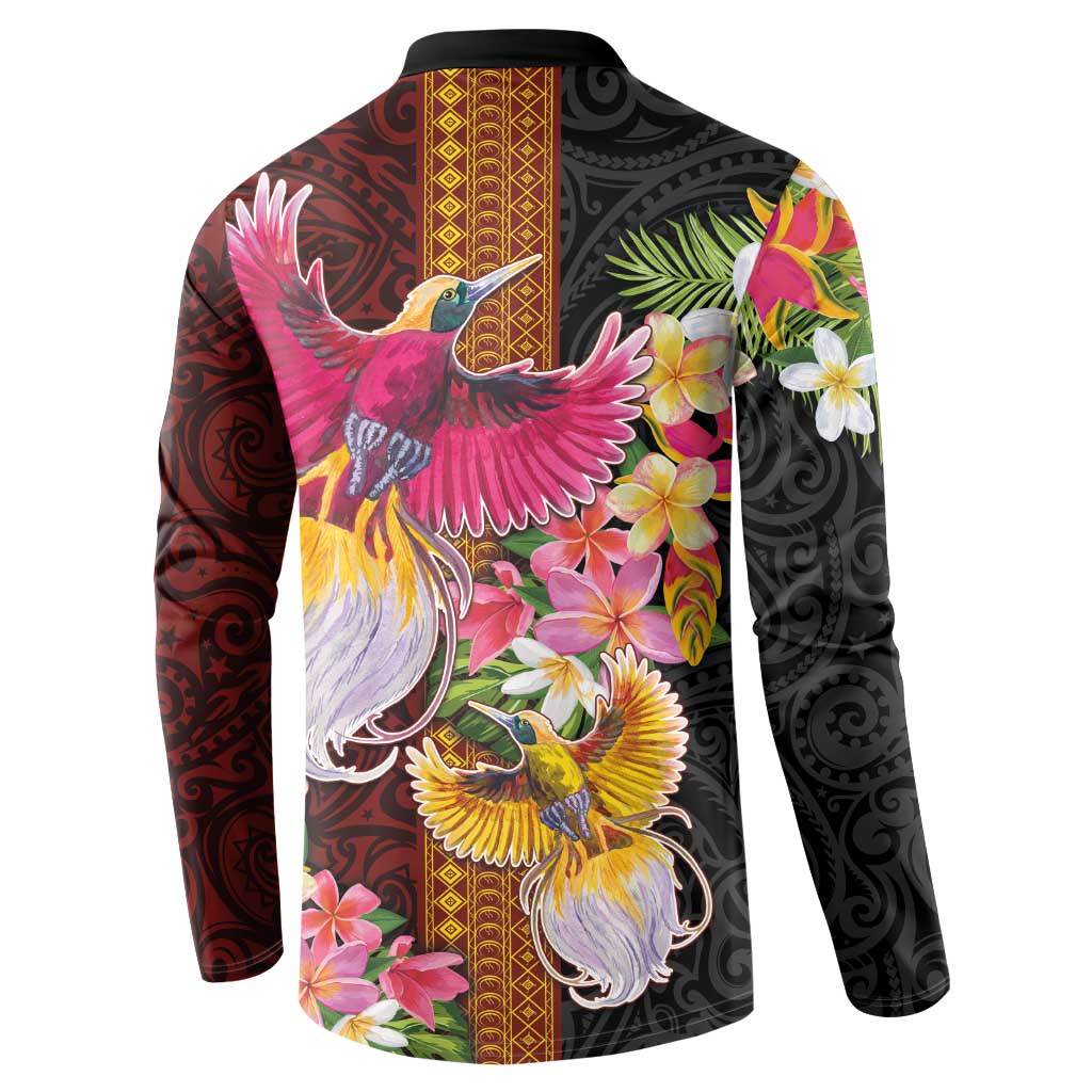 Papua New Guinea Birds and Frangipani Button Sweatshirt Melanesian Art Tattoos - Polynesian Pride