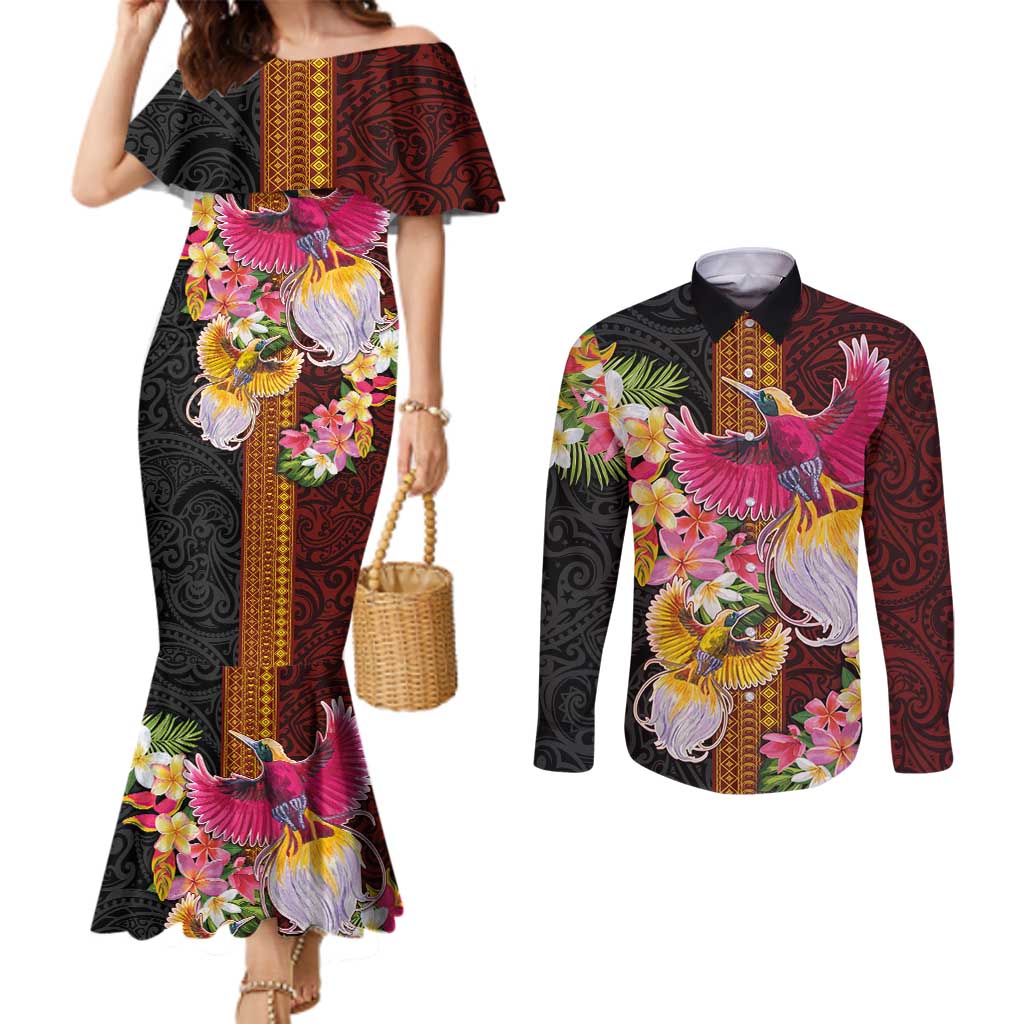 Papua New Guinea Birds and Frangipani Couples Matching Mermaid Dress and Long Sleeve Button Shirt Melanesian Art Tattoos - Polynesian Pride
