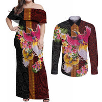 Papua New Guinea Birds and Frangipani Couples Matching Off Shoulder Maxi Dress and Long Sleeve Button Shirt Melanesian Art Tattoos - Polynesian Pride