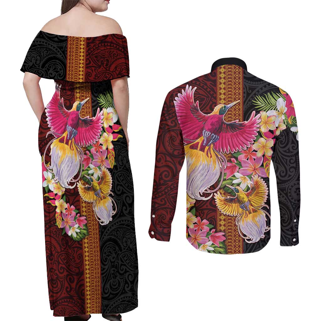 Papua New Guinea Birds and Frangipani Couples Matching Off Shoulder Maxi Dress and Long Sleeve Button Shirt Melanesian Art Tattoos - Polynesian Pride