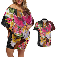 Papua New Guinea Birds and Frangipani Couples Matching Off Shoulder Short Dress and Hawaiian Shirt Melanesian Art Tattoos - Polynesian Pride