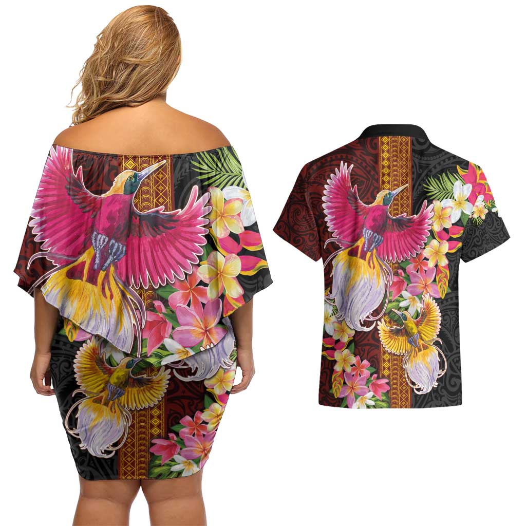Papua New Guinea Birds and Frangipani Couples Matching Off Shoulder Short Dress and Hawaiian Shirt Melanesian Art Tattoos - Polynesian Pride