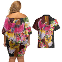 Papua New Guinea Birds and Frangipani Couples Matching Off Shoulder Short Dress and Hawaiian Shirt Melanesian Art Tattoos - Polynesian Pride