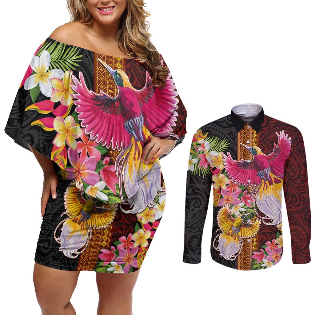Papua New Guinea Birds and Frangipani Couples Matching Off Shoulder Short Dress and Long Sleeve Button Shirt Melanesian Art Tattoos - Polynesian Pride