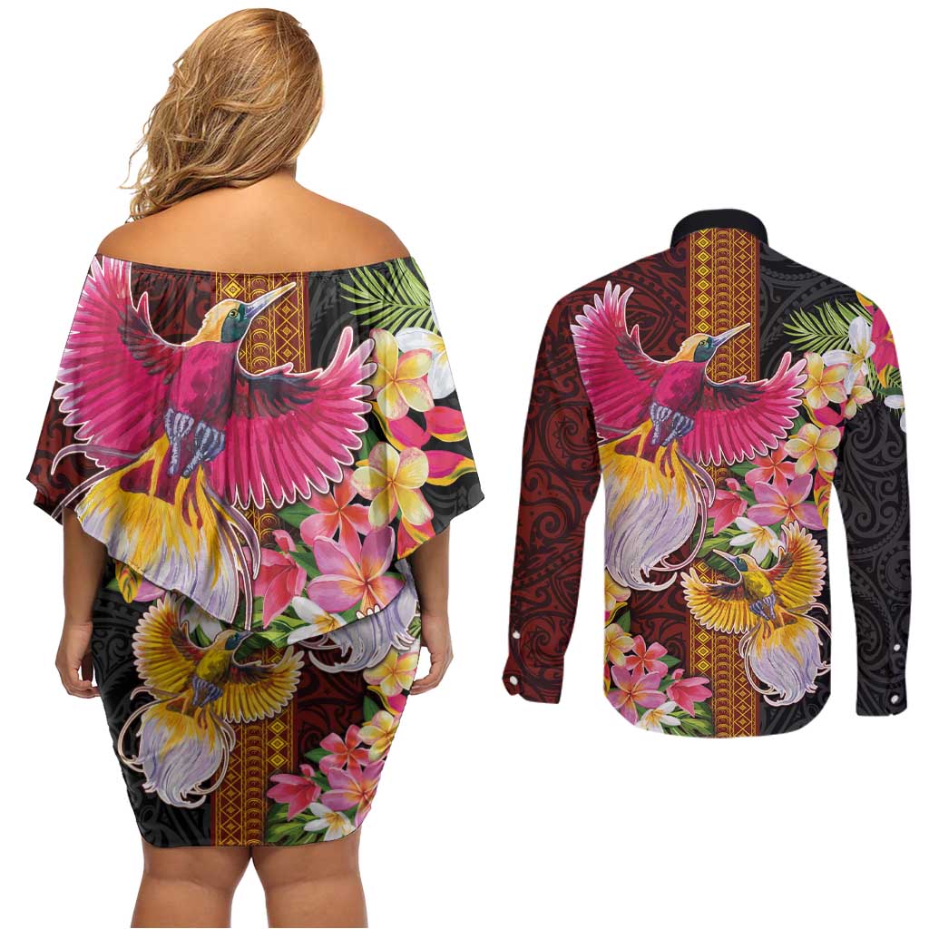 Papua New Guinea Birds and Frangipani Couples Matching Off Shoulder Short Dress and Long Sleeve Button Shirt Melanesian Art Tattoos - Polynesian Pride