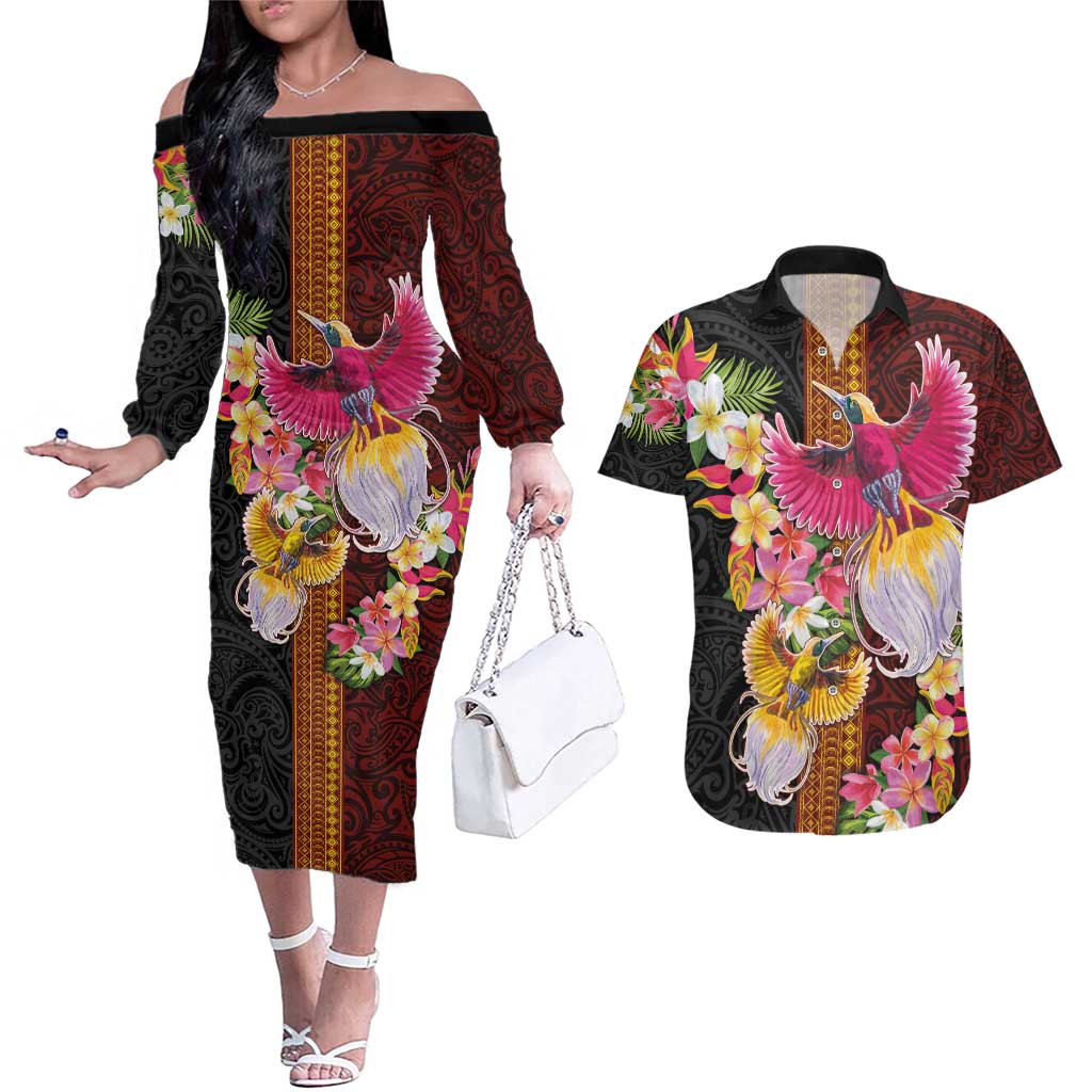 Papua New Guinea Birds and Frangipani Couples Matching Off The Shoulder Long Sleeve Dress and Hawaiian Shirt Melanesian Art Tattoos - Polynesian Pride