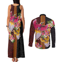 Papua New Guinea Birds and Frangipani Couples Matching Tank Maxi Dress and Long Sleeve Button Shirt Melanesian Art Tattoos - Polynesian Pride