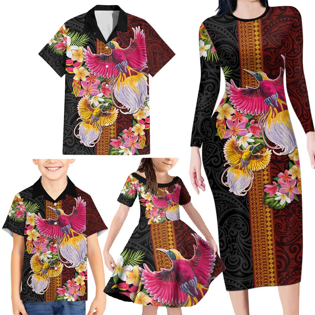 Papua New Guinea Birds and Frangipani Family Matching Long Sleeve Bodycon Dress and Hawaiian Shirt Melanesian Art Tattoos - Polynesian Pride