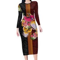 Papua New Guinea Birds and Frangipani Family Matching Long Sleeve Bodycon Dress and Hawaiian Shirt Melanesian Art Tattoos - Polynesian Pride