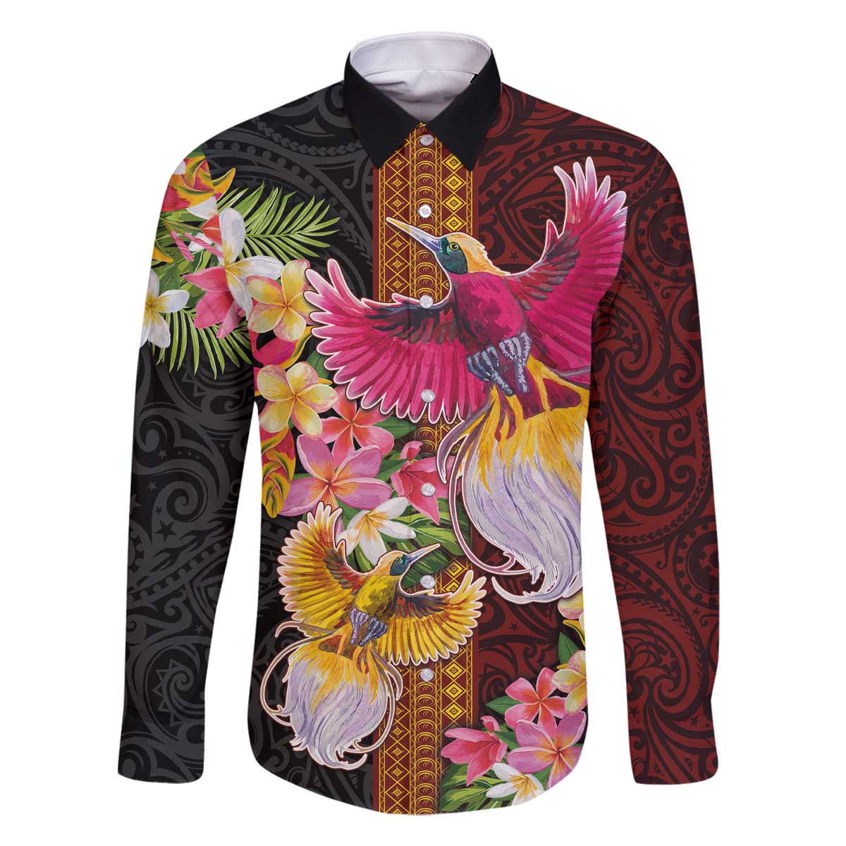 Papua New Guinea Birds and Frangipani Family Matching Off The Shoulder Long Sleeve Dress and Hawaiian Shirt Melanesian Art Tattoos - Polynesian Pride