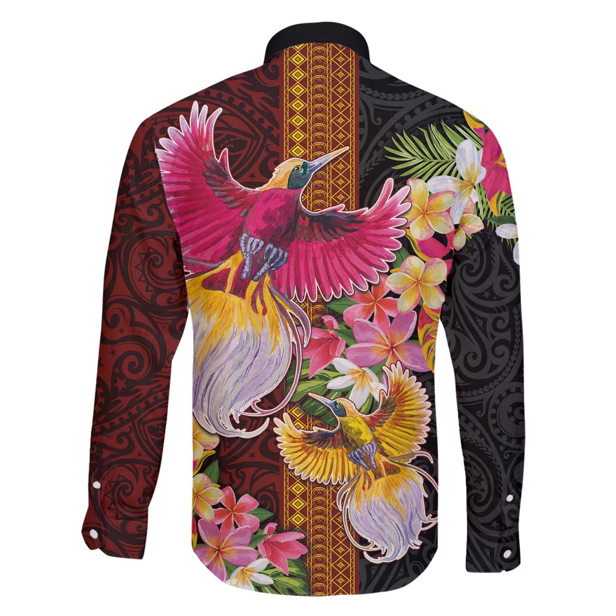 Papua New Guinea Birds and Frangipani Family Matching Off The Shoulder Long Sleeve Dress and Hawaiian Shirt Melanesian Art Tattoos - Polynesian Pride