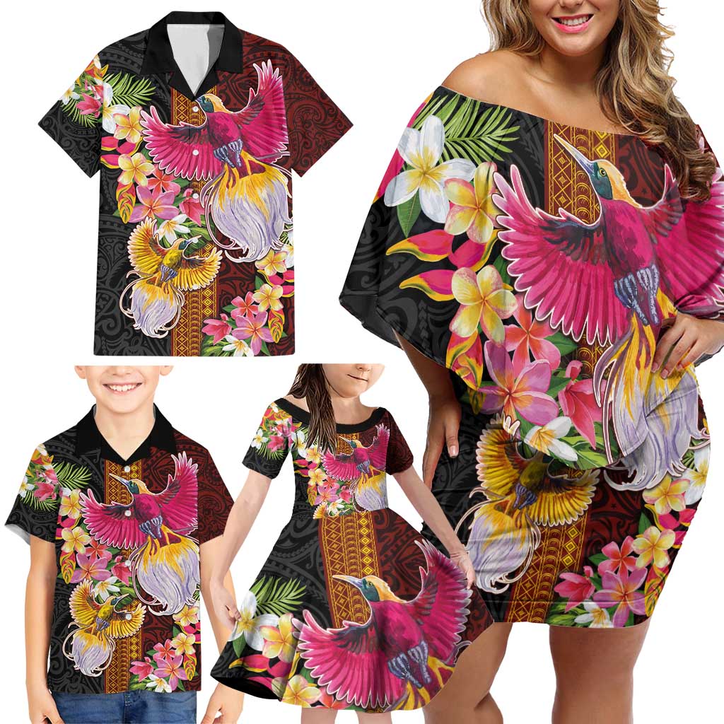 Papua New Guinea Birds and Frangipani Family Matching Off Shoulder Short Dress and Hawaiian Shirt Melanesian Art Tattoos - Polynesian Pride