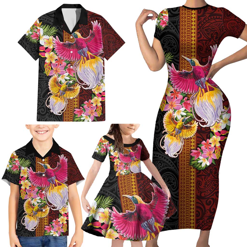 Papua New Guinea Birds and Frangipani Family Matching Short Sleeve Bodycon Dress and Hawaiian Shirt Melanesian Art Tattoos - Polynesian Pride